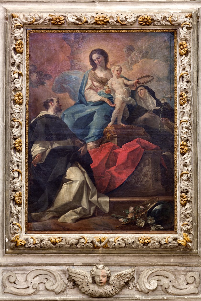 Kościół SS Salvatore, wnętrze, Ołtarz Różańcowy, Matka Boska Różańcowa, płótno Corrado Giaquinto (1703-1766), Poggiardo, Lecce, Apulia (zdjęcie) autorstwa Corrado Giaquinto