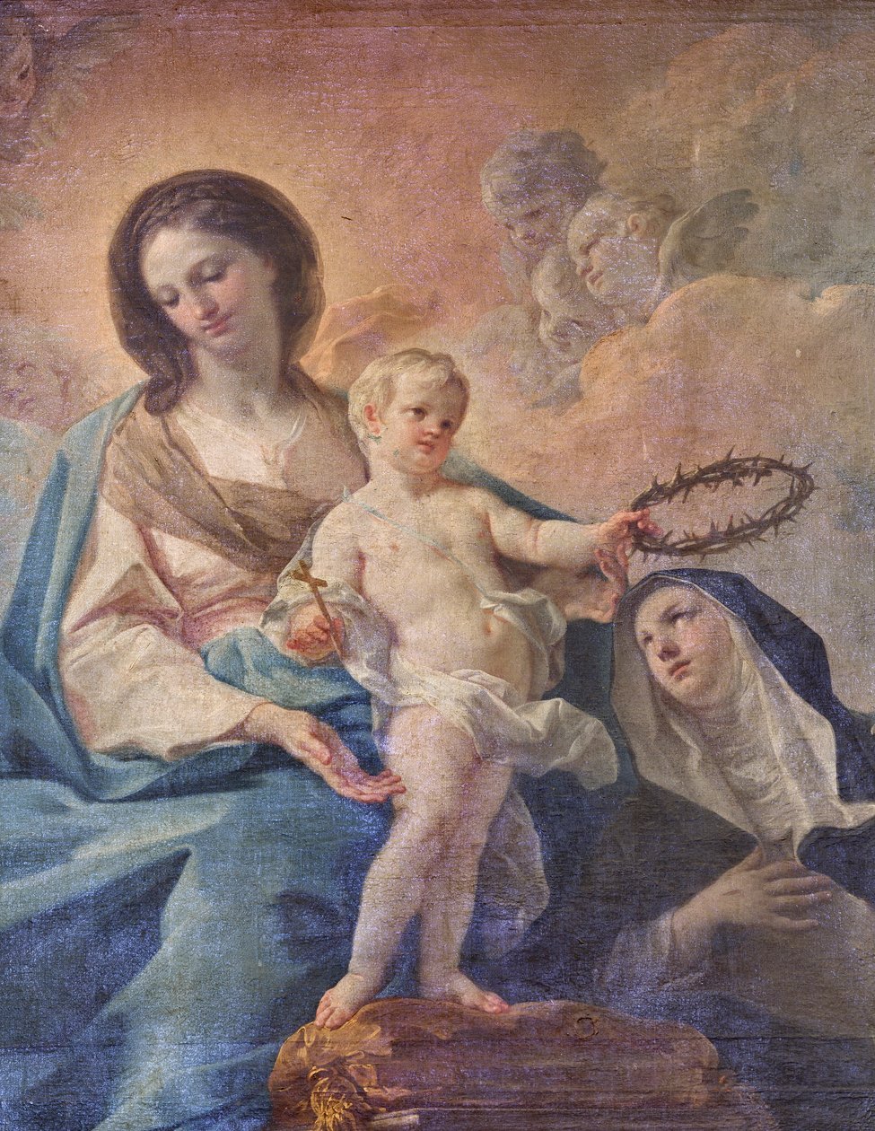Kościół SS Salvatore, wnętrze, Ołtarz Różańcowy, Matka Boska Różańcowa, płótno Corrado Giaquinto (1703-1766), detal, Poggiardo, Lecce, Apulia (zdjęcie) autorstwa Corrado Giaquinto