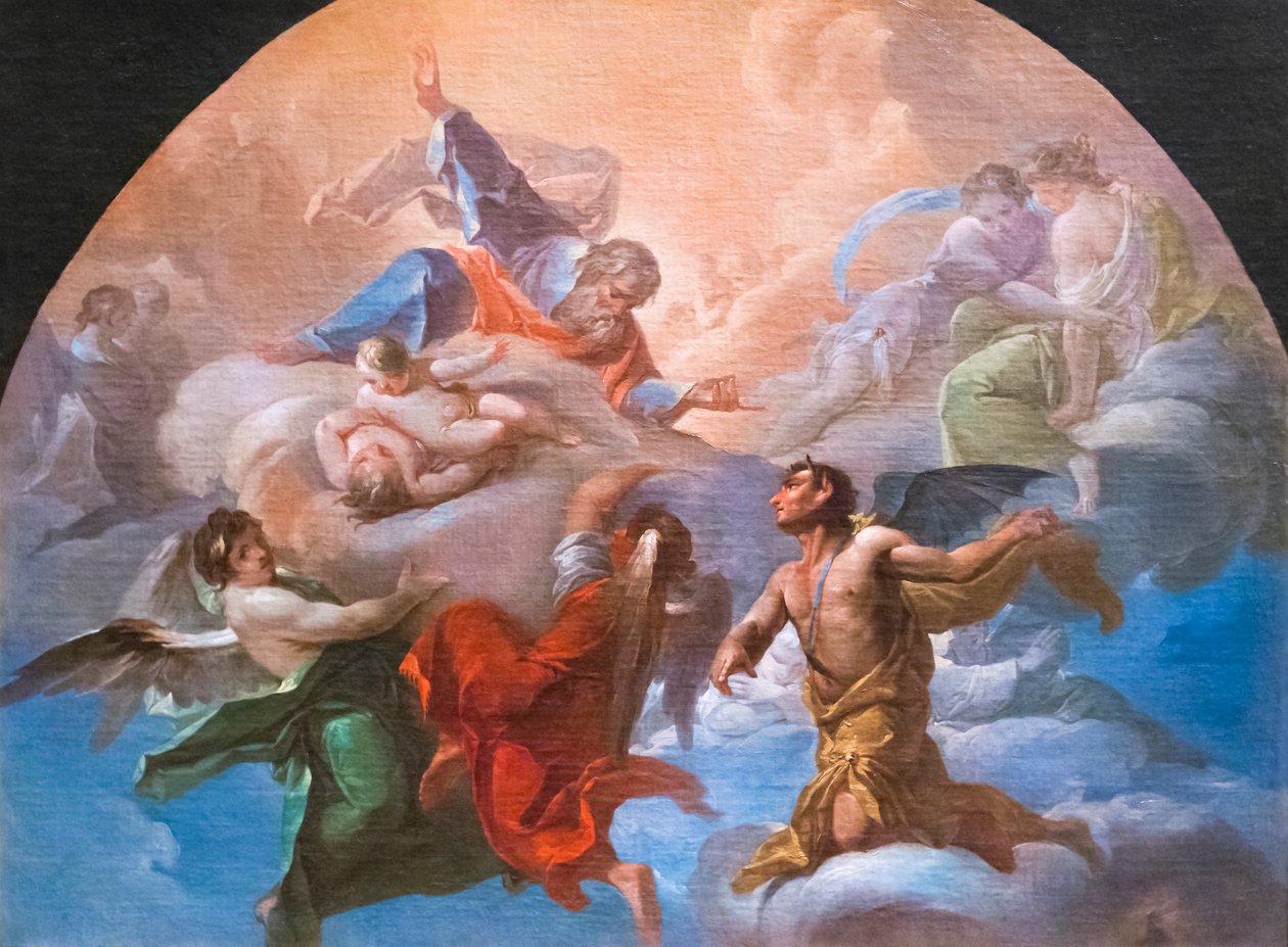 Szatan przed Bogiem, ok. 1750 r. (olej na płótnie) autorstwa Corrado Giaquinto