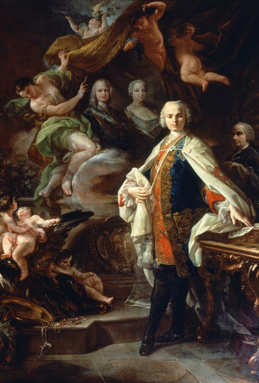 Włoski kastrat Carlo Farinelli (Carlo Broschi, zm. 1705 - 1782), na dworze Filipa II Hiszpańskiego, ubrany w biały płaszcz Zakonu Calatrava. Obraz Corrado Giaquinto (1703-1766), Miejskie Muzeum Muzyki Bibliograficznej, Bolonia. autorstwa Corrado Giaquinto