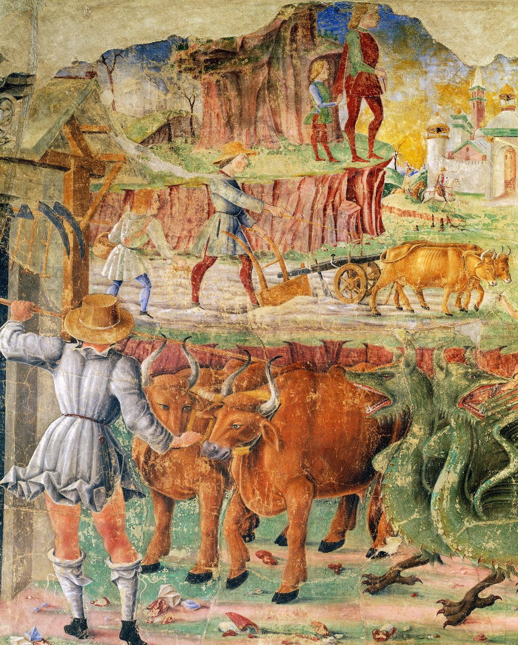 Obraz rolniczy, detal z Triumfu Ceres, scena z miesiąca sierpnia, ok. 1470, przypisywana Cosimo Turze i Mistrzowi z Ercole, fresk, ściana północna, Sala Miesięcy, Palazzo Schifanoia (Pałac Radości), Ferrara, Emilia- Romagna. Włochy autorstwa Cosimo (attr. to) Tura