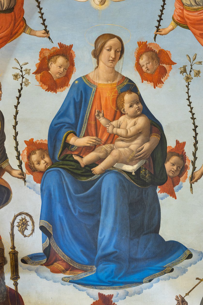 Madonna z Dzieciątkiem w chwale, św. Ambroży, św. Franciszek z Asyżu, Bóg Ojciec i aniołowie, Ołtarz, detal (fresk) autorstwa Cosimo Rosselli
