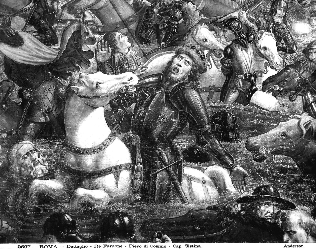 Przejście przez Morze Czerwone, fragment faraona na koniu, z Kaplicy Sykstyńskiej (fresk) (detal z 242595) autorstwa Cosimo Rosselli
