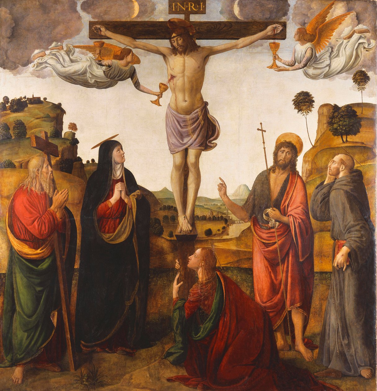 Ukrzyżowanie z Madonną, św. Jan Chrzciciel, Maria Magdalena, Andrzej i Franciszek, 1503 autorstwa Cosimo Rosselli