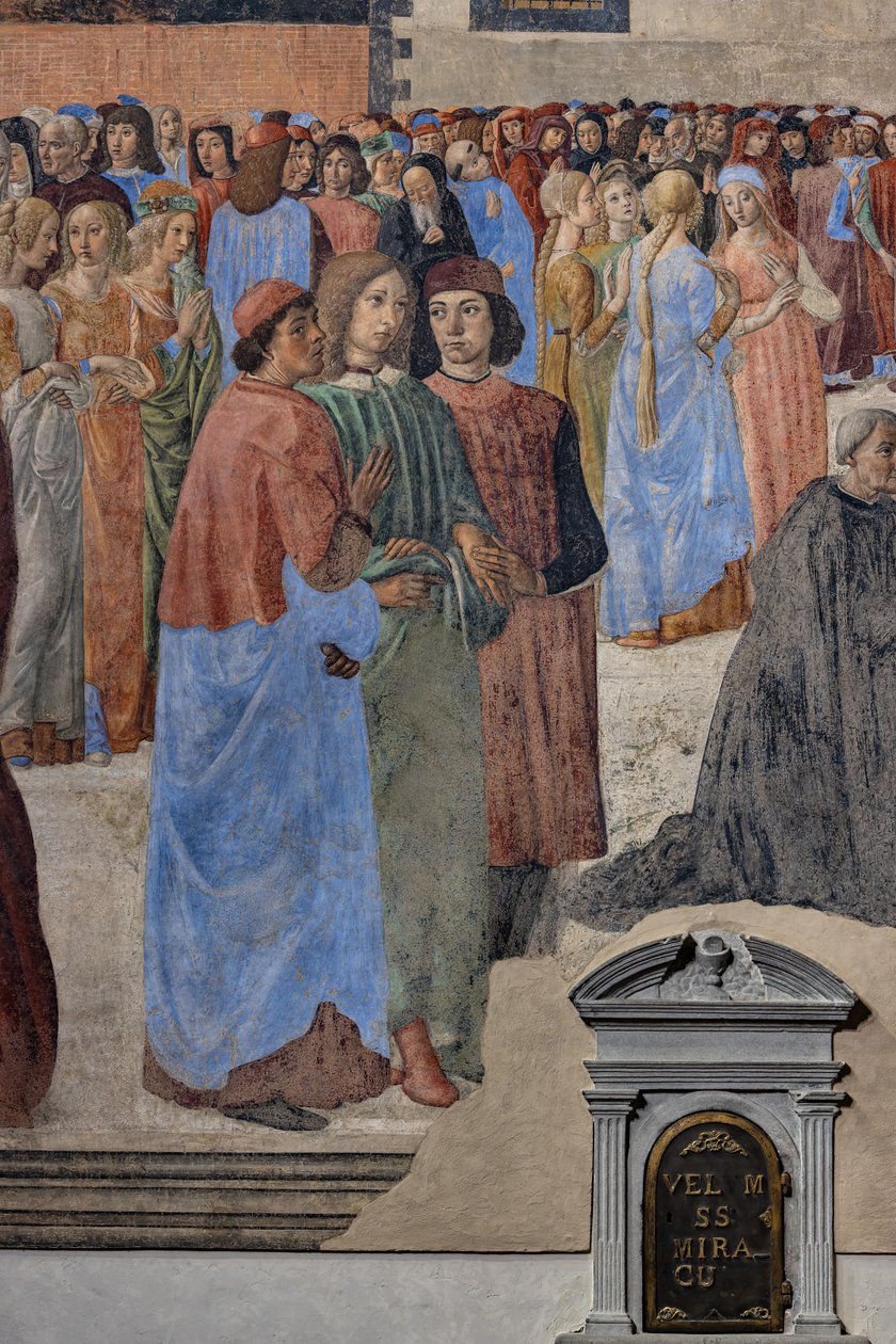 Grupa neoplatońskich humanistów” (od lewej Marsilio Ficino, Giovanni Pico della Mirandola i Agnolo Poliziano): fragment „Cudu Sakramentu”, fresk (fresk) autorstwa Cosimo Rosselli