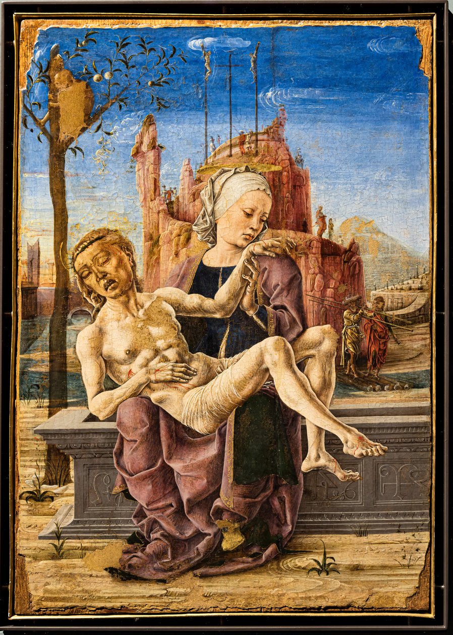 Lamentacja, Cosmé Tura, c.1460. W lewej górnej części obrazu ukazana jest małpa wczepiona w gałęzie jabłoni. Jest aluzją do drzewa Dobra i Zła oraz do kuszenia diabła w ziemskim raju. autorstwa Cosimo Tura