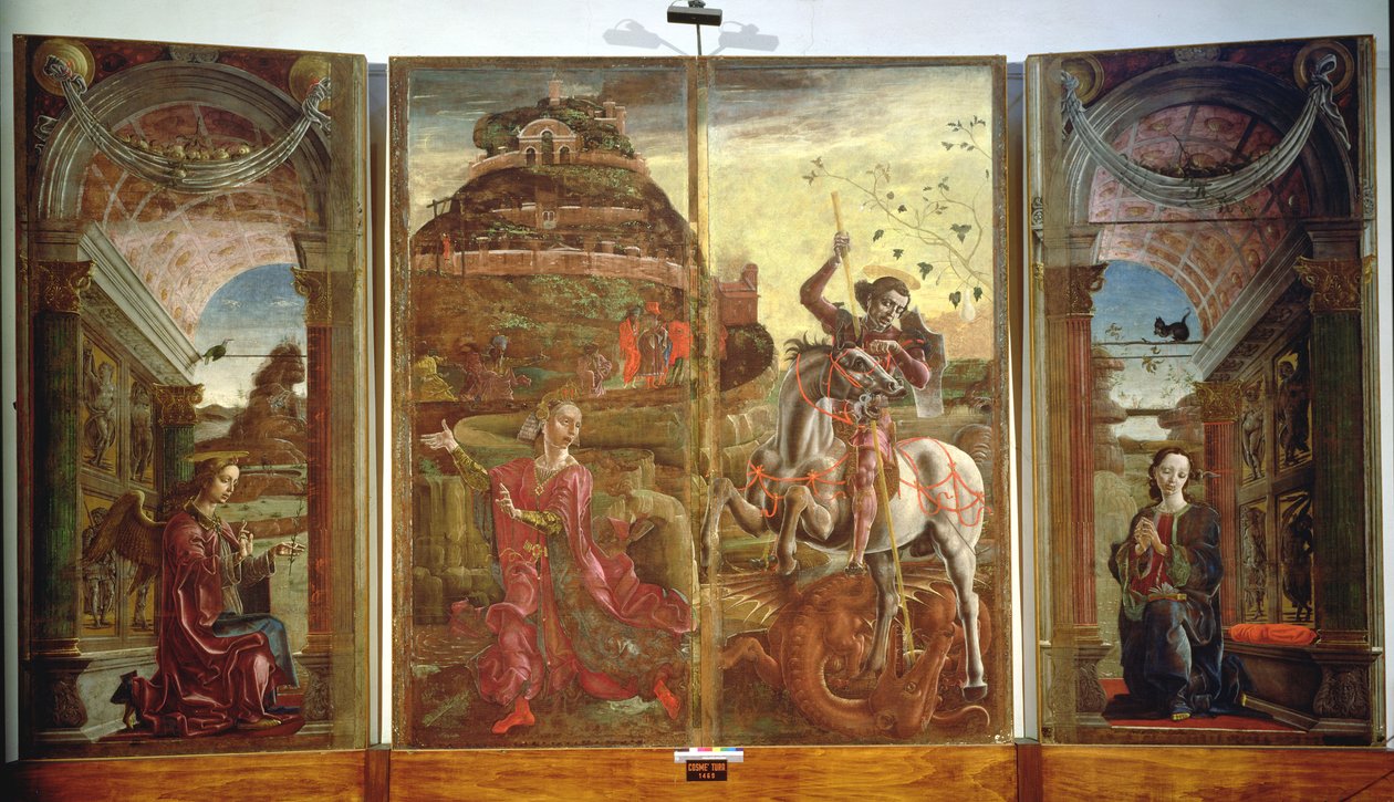 Poliptyk przedstawiający św. Jerzego i Smoka i Zwiastowanie, 1469 (tempera na desce) (zob. też 215997) autorstwa Cosimo Tura