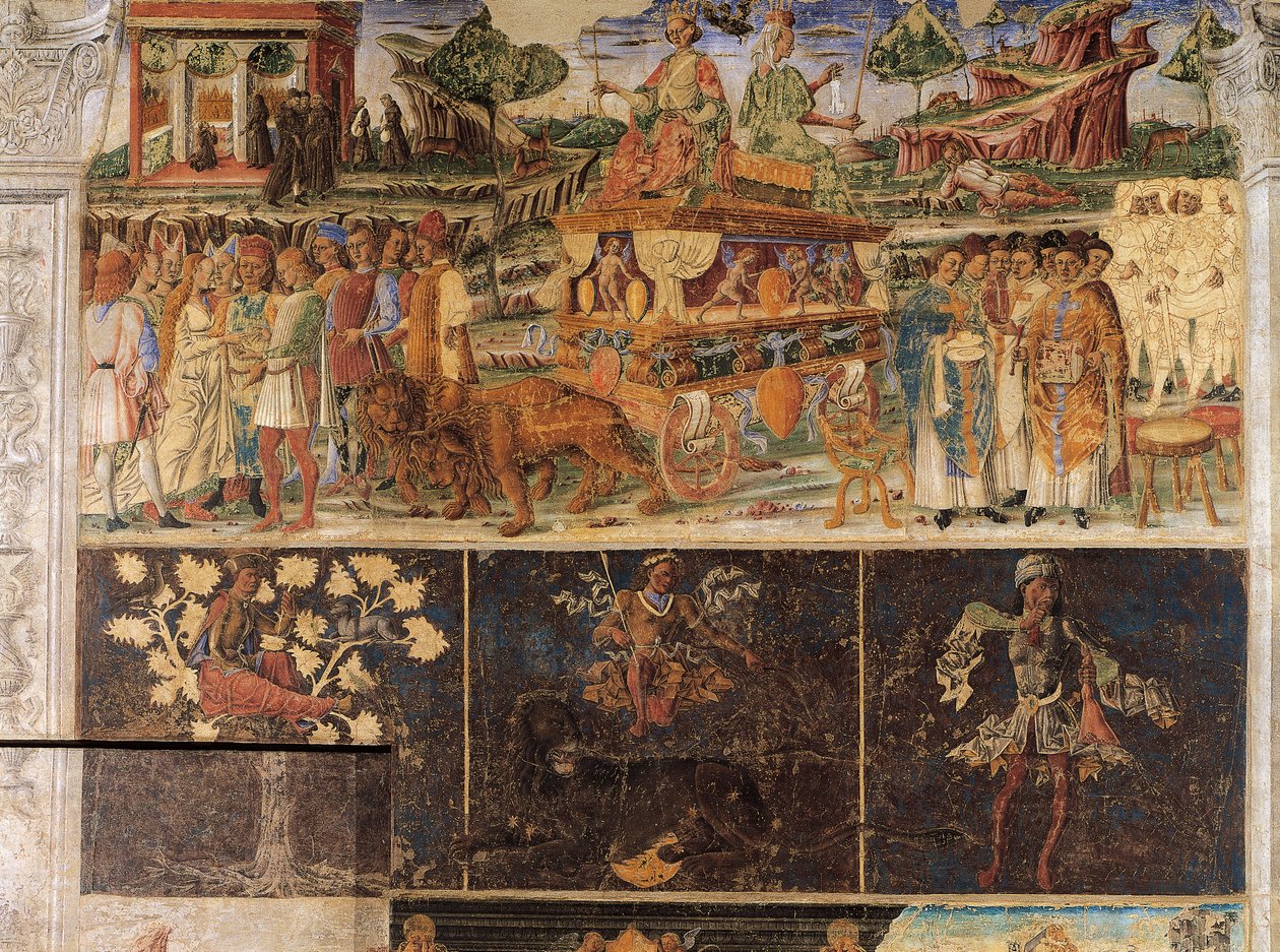 Triumf Jowisza i Kybele oraz Znak Lwa, sceny z lipca, fresk, ściana północna, Sala Miesiąca, Palazzo Schifanoia (Pałac Radości), Ferrara, Włochy, ok. 1470 autorstwa Cosimo Tura