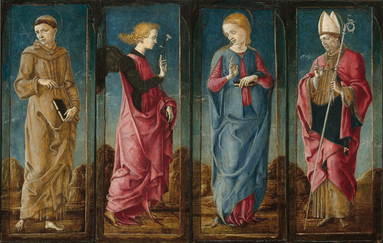 Zwiastowanie ze św. Franciszkiem i św. Ludwikiem z Tuluzy [cztery panele] autorstwa Cosmè Tura