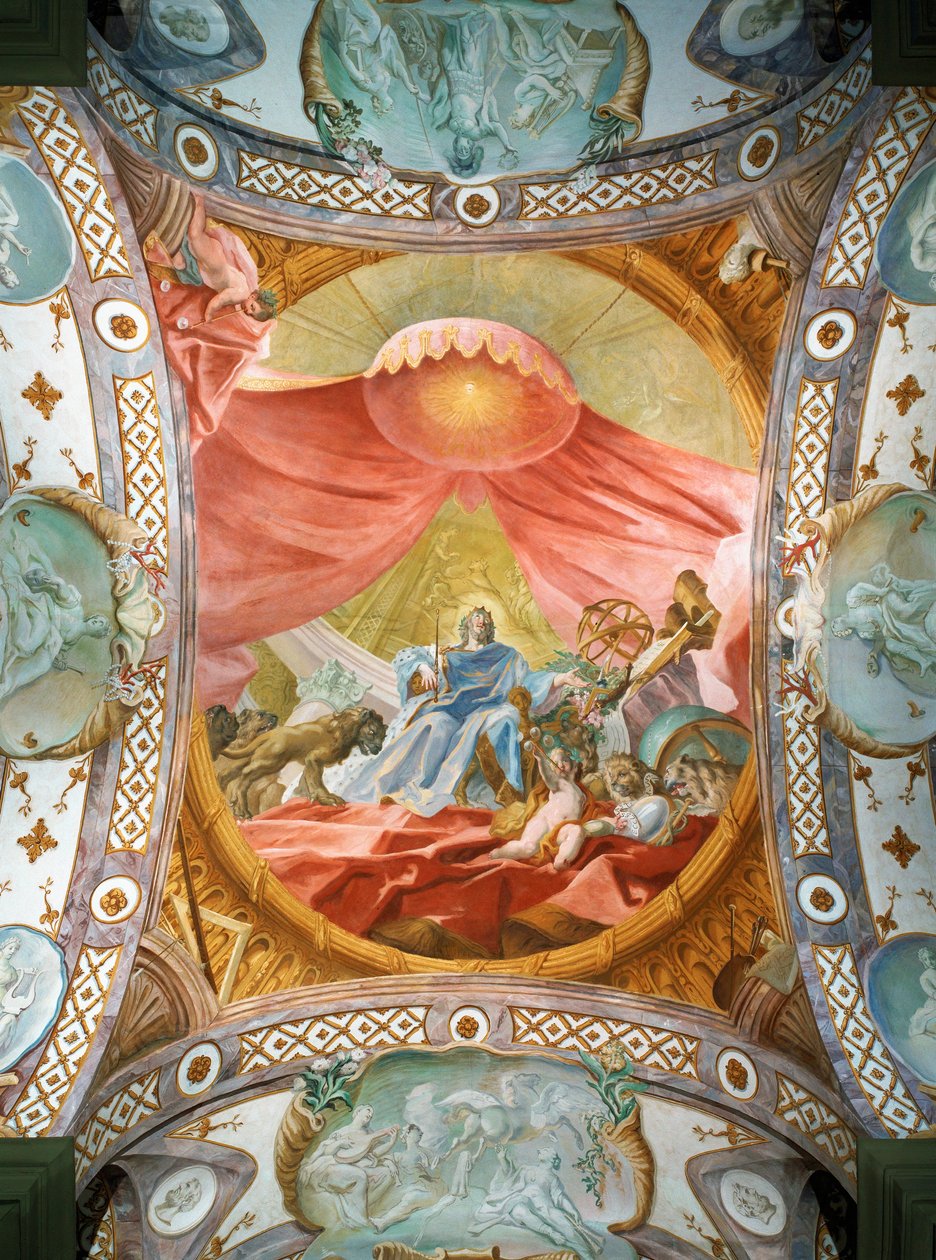 Klasztor Saint Emmeran, od 1812 r. rezydencja książąt Thurn und Taxis: Fresk na suficie w bibliotece, Król Salomon ... (fresk) autorstwa Cosmas Damian Asam