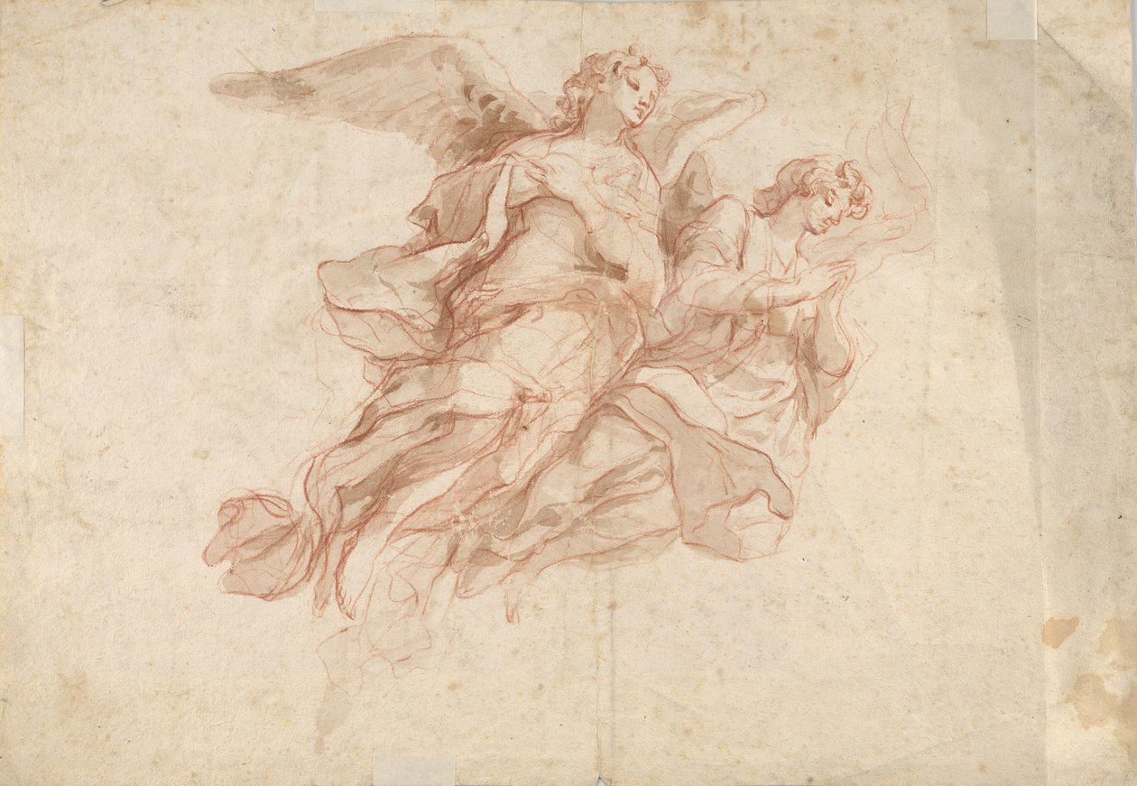 Dwa latające anioły, verso: Bóg Ojciec siedzący w chmurach i szkic lecącej postaci, c1720 autorstwa Cosmas Damian Asam