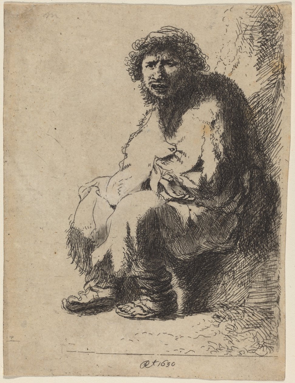 Żebrak siedzący na banku autorstwa Costantino Cumano after Rembrandt van Rijn