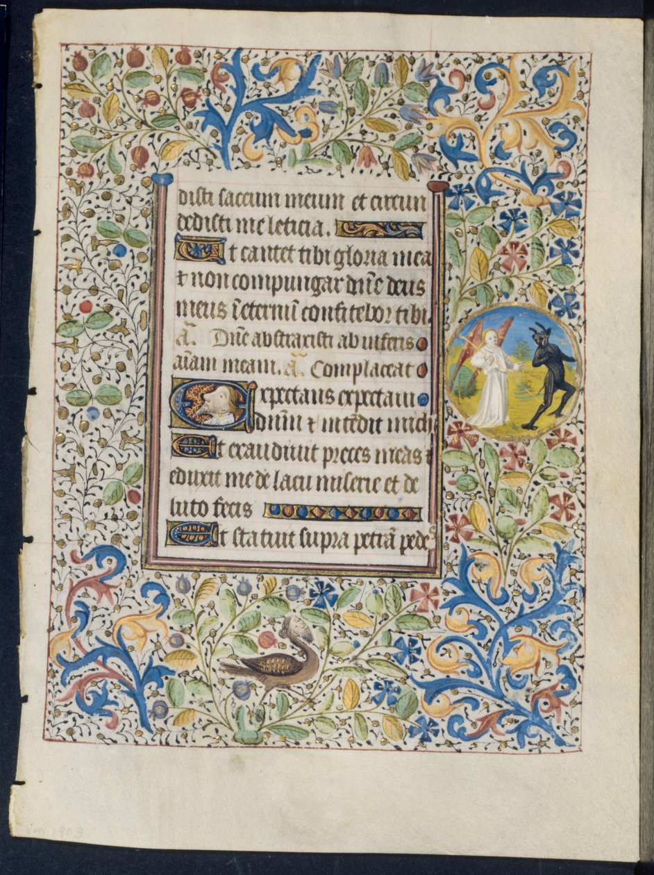Kartka z Księgi Godzin: Anioł ścigający diabła prosto i dwa diabły werso, 1460. autorstwa Coëtivy Master