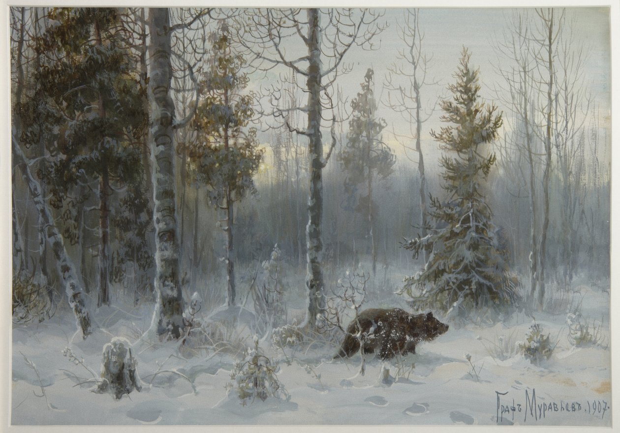 Niedźwiedź w zimowym lesie, 1907 autorstwa Count Vladimir Leonidovich Muravyov