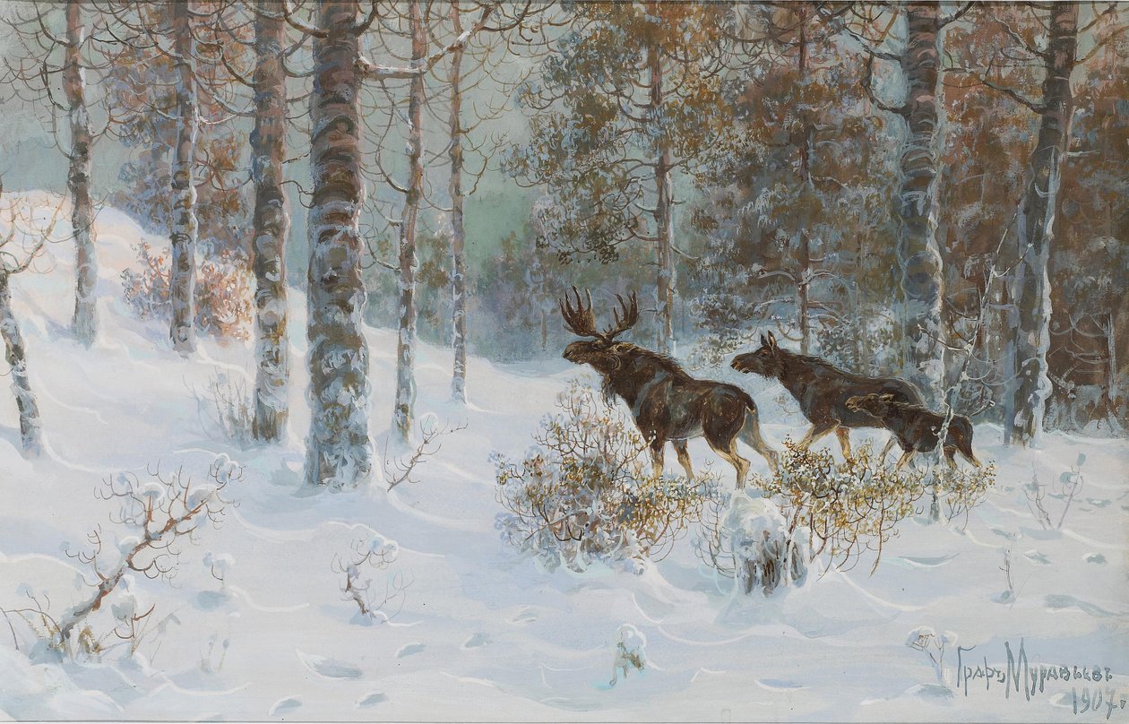 Pejzaż zimowy z łosiami, 1907 autorstwa Count Vladimir Leonidovich Muravyov