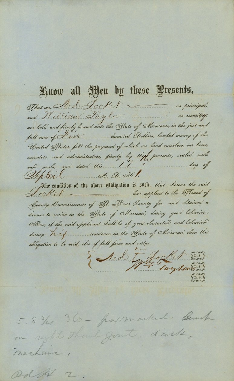 Ned Locket Free Negro Bond autorstwa County Court of St.Louis