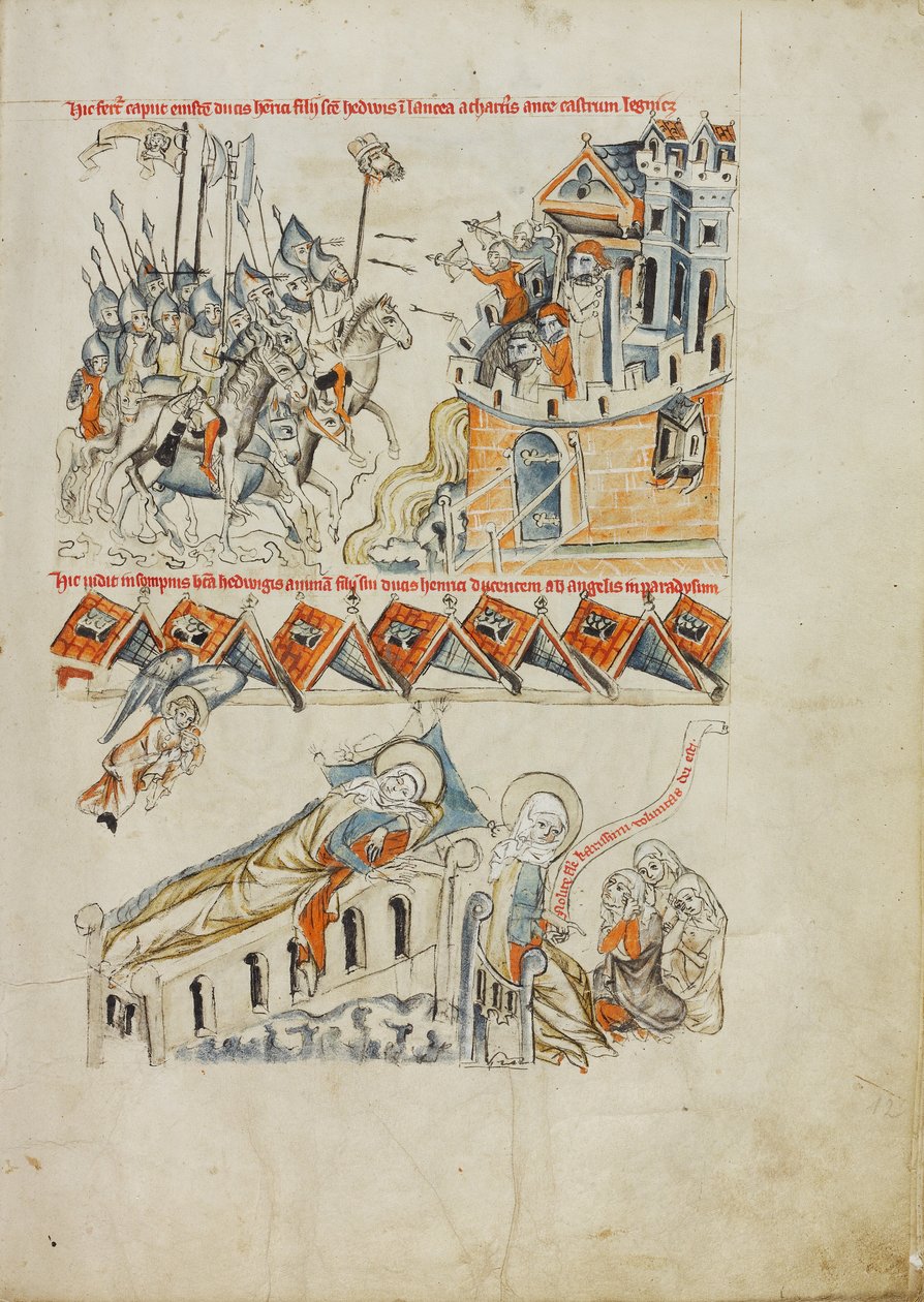 Tatarzy niosący głowę Heinricha przed zamkiem Liegnitz; Święta Jadwiga widząca we śnie duszę swojego syna niesioną do nieba autorstwa Court workshop of Duke Ludwig I of Liegnitz and Brieg