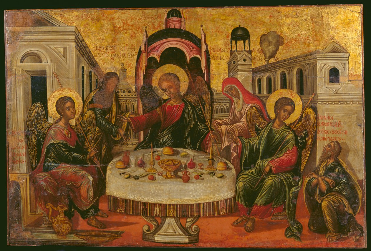 Gościnność Abrahama i Sary (tempera jajeczna na panelu) autorstwa Cretan School