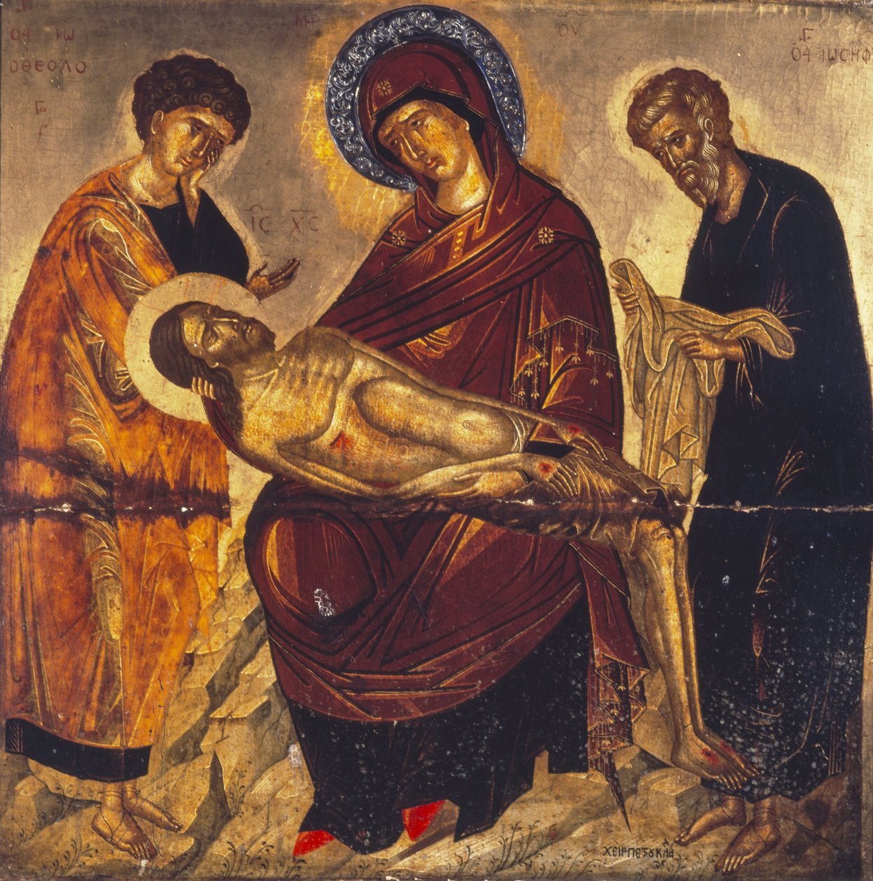 Dziewica z martwym Chrystusem i świętymi Jan Ewangelista i Józef z Arymatei, koniec XV w. (tempera i złoto na panelu) autorstwa Cretan School