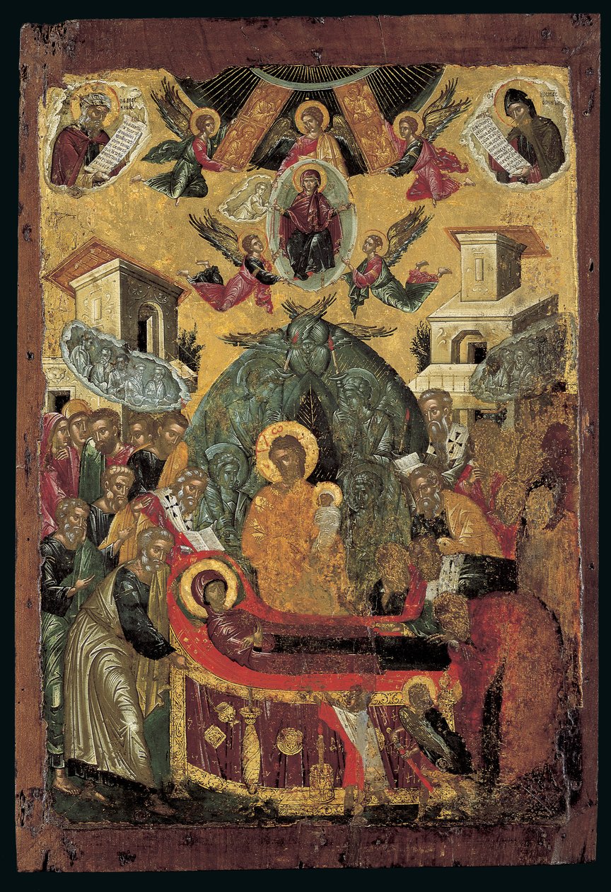 Zaśnięcie Matki Boskiej (tempera jajeczna na drewnie z miedzią) autorstwa Cretan School