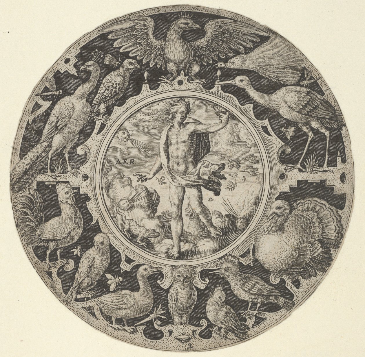 „Aer” w ozdobnej ramce z ptakami, z serii okrągłych wzorów z F..., 1590-1612. autorstwa Crispijn de Passe I