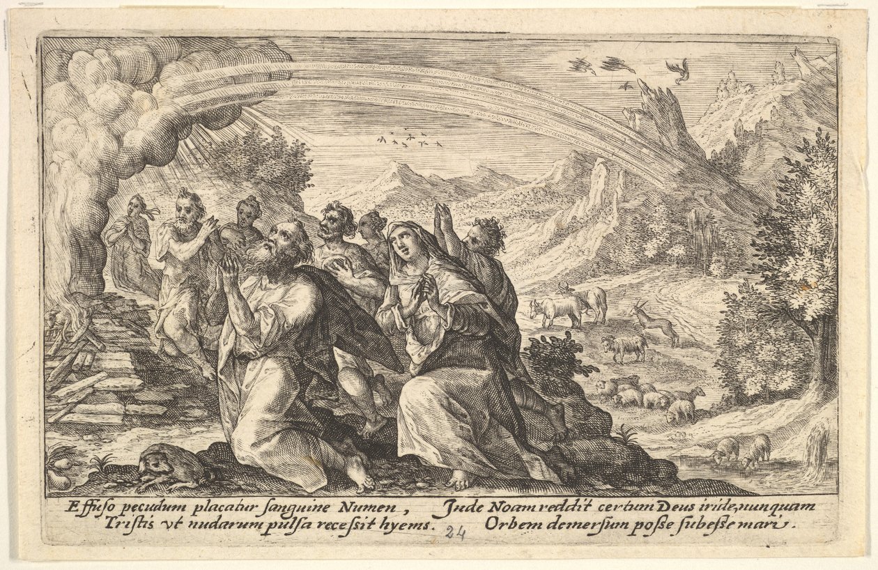 Bóg zawiera przymierze z Noem: przy dymiącym stosie Noe klęka w geście p..., 1612. autorstwa Crispijn de Passe I