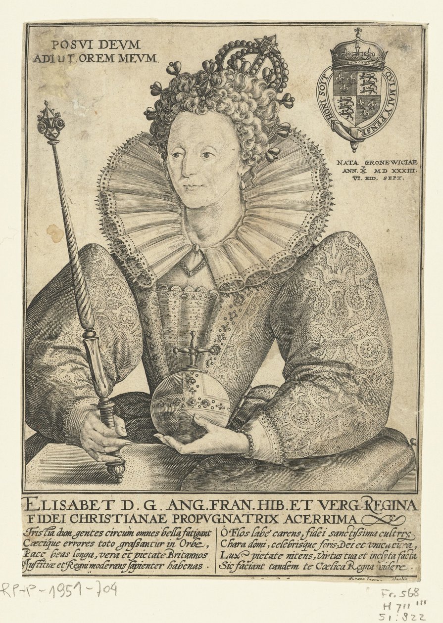 Portret van Elżbieta I Tudor, dziesięć halfen lijve Posvi Devm Aiut Orem Mevm (tytuł na obiekcie) autorstwa Crispijn van de Passe (I)