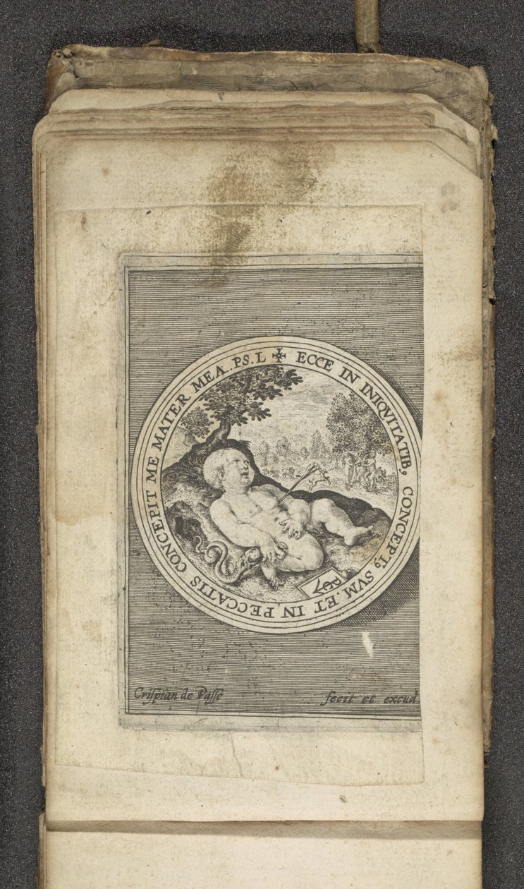 Putto z przebitym sercem Putti przedstawiający słowo Boże (tytuł serii) Verbum Dei (tytuł serii) autorstwa Crispijn van de Passe (I)