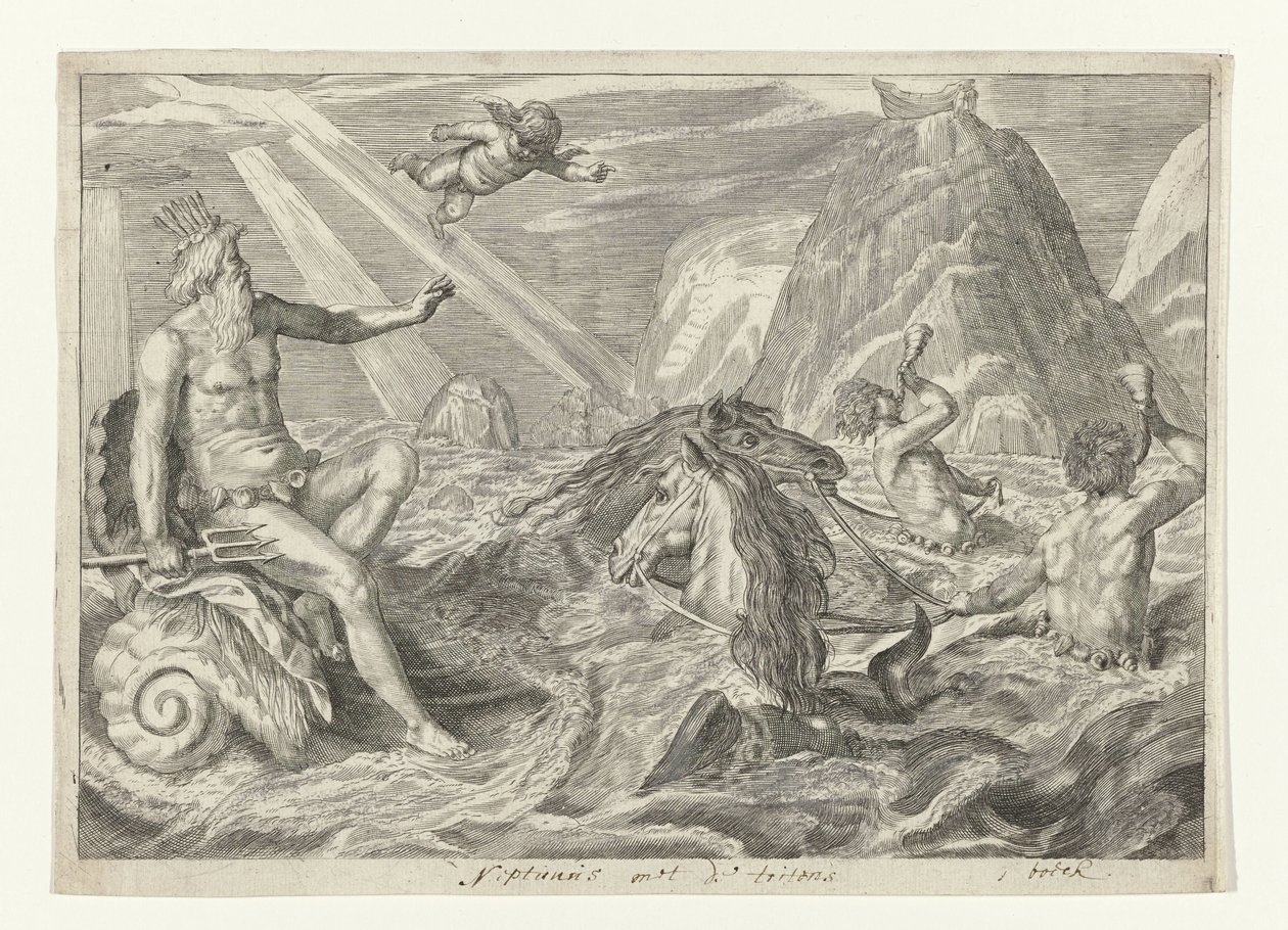 Neptunus poznany przez trytony Metamorfosen van Ovidius (tytuł serii) autorstwa Crispijn van de Passe (II) (attributed to)