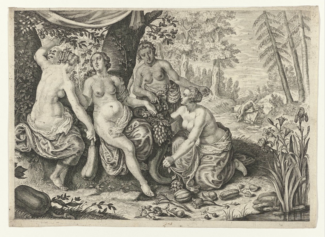 Nimfy wypełniają róg obfitości Metamorfozy Owidiusza (tytuł serii) autorstwa Crispijn van de Passe (II) (attributed to)