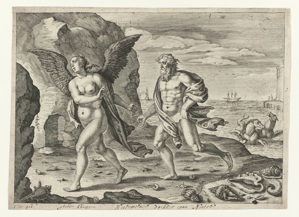 Coronis i Neptune Metamorfosen van Ovidius (tytuł serii) autorstwa Crispijn van de Passe (II)