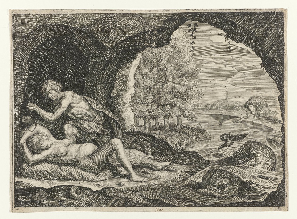 Peleus śledzi śpiącą Tetydę Metamorfozy Owidiusza (tytuł serii) autorstwa Crispijn van de Passe (II)