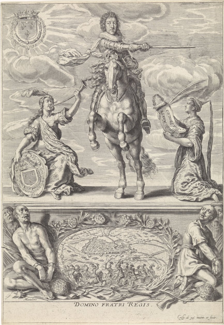 Portret Gastona Jean-Baptiste z Orleanu na koniu Domino Fratri Regis. (tytuł na obiekcie) autorstwa Crispijn van de Passe (II)