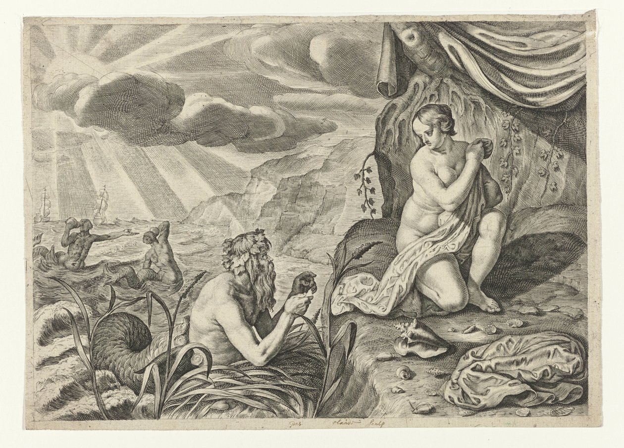 Scylla w biegu z Glaucus Glauci zakochany w Scylli (tytuł na obiekcie) Metamorfozy Owidiusza (tytuł serii) autorstwa Crispijn van de Passe (II)