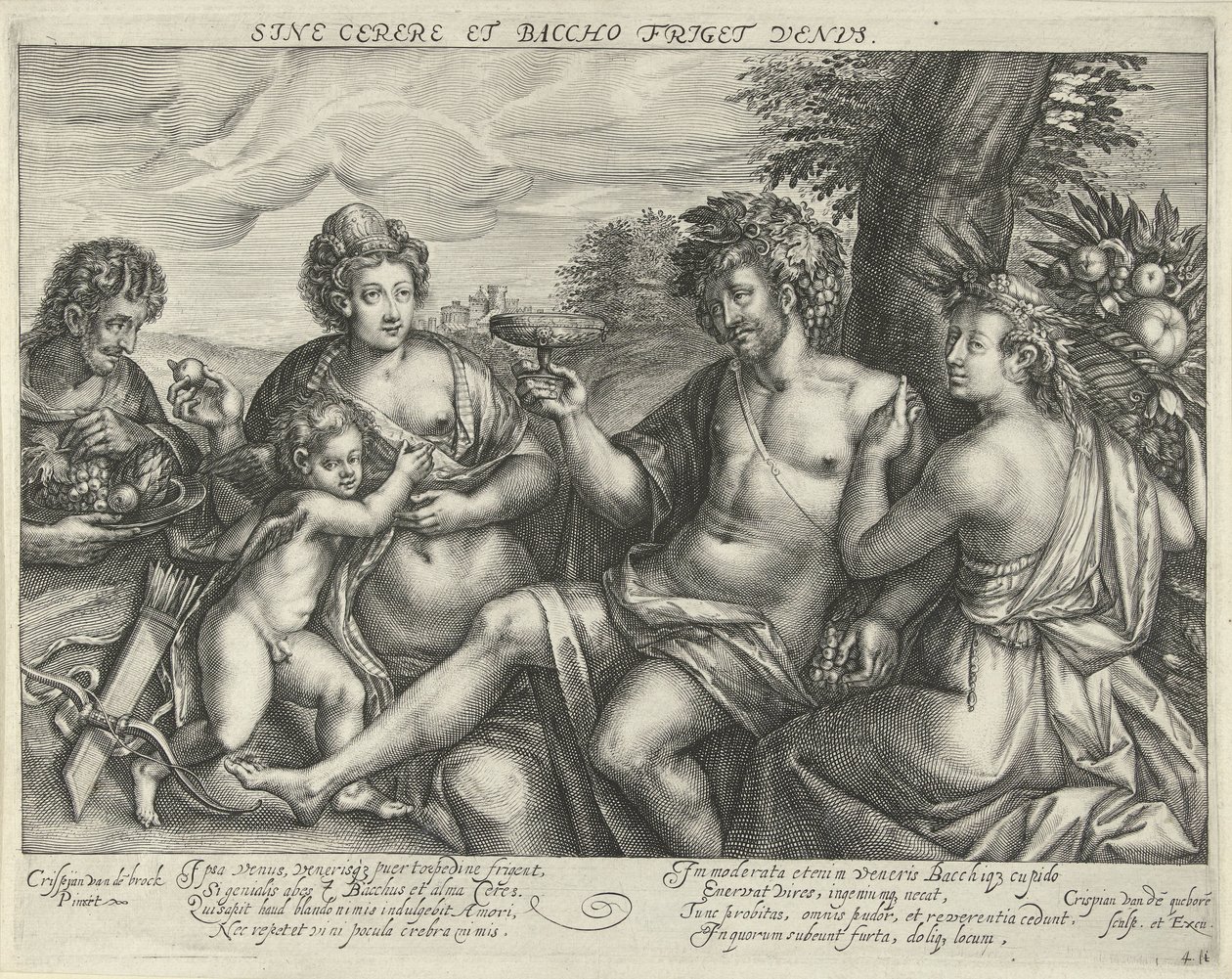 Bachus, Wenus i Ceres w krajobrazie Wenus zamarza bez Ceres i Bachusa (tytuł na obiekcie) autorstwa Crispijn van den Queborn