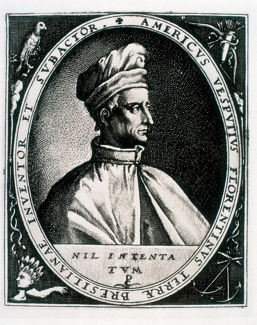Portret Amerigo Vespucciego, napis „Americus Vesputius Florentinus Land of Bresilian Inventor Subactor” (rycina) autorstwa Crispin I de (after) Passe