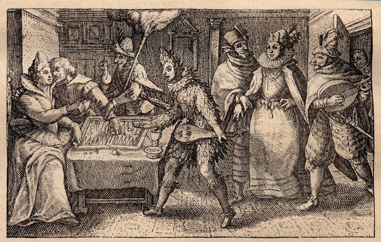 Impreza w tryktrak z przechadzającymi się graczami - holenderski miedzioryt; z zestawu grafik, Hortus Voluptatem, autorstwa Crispina de Passe (1550-1643) - Para grająca w tryktraka zaskoczona pięcioma maskami mężczyzn grawerowanych przez Crispina de Passe  autorstwa Crispin I de Passe