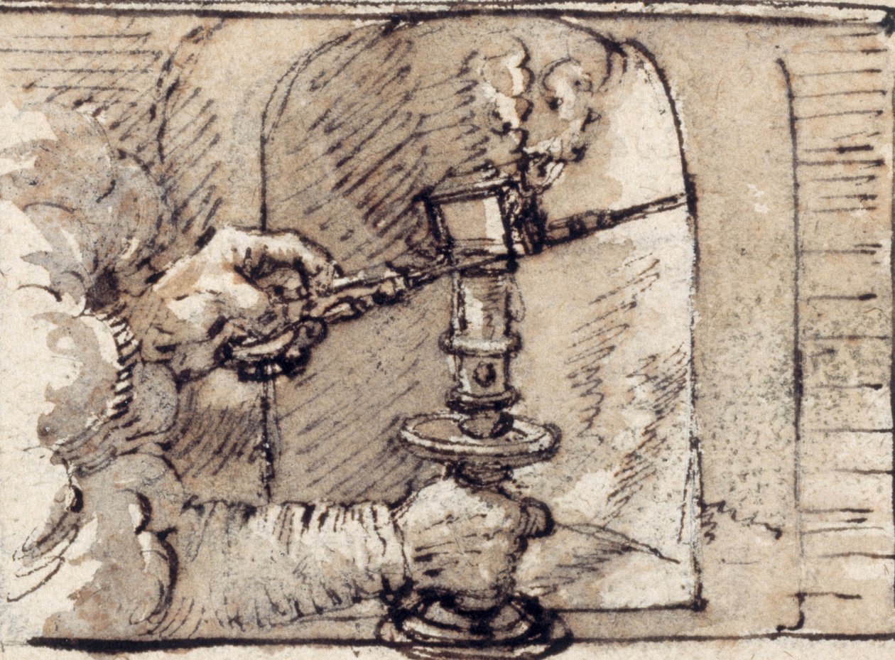 A pair of hands issuing from cloud, snuffing a candle in a candlestick (pen & brown ink with brown wash on paper) autorstwa Crispin I de Passe
