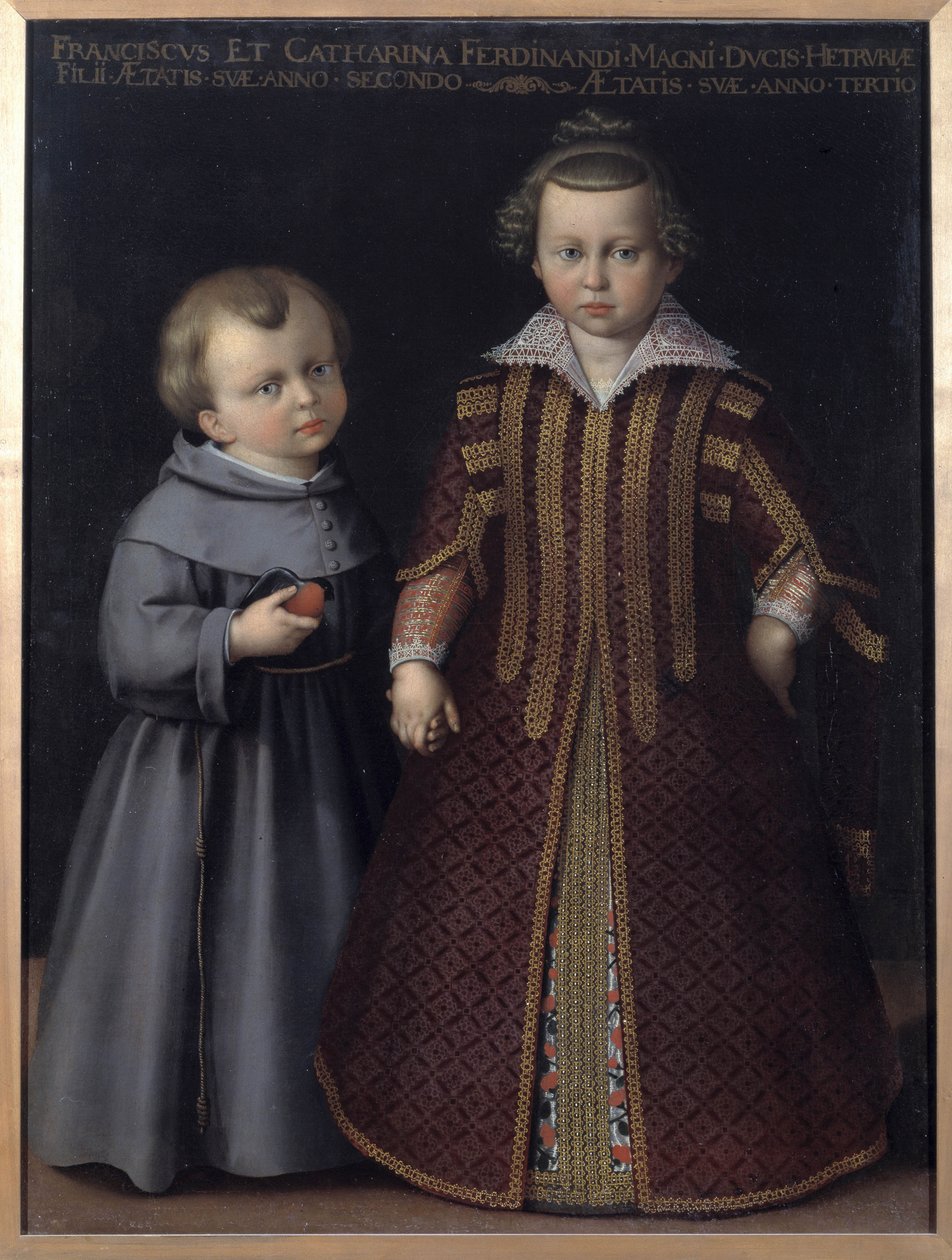 Portret Franciszka i Katarzyny Medycejskiej (Francesco et Caterina de Medici), dzieci Ferdynanda (olej na płótnie) autorstwa Cristofano Allori