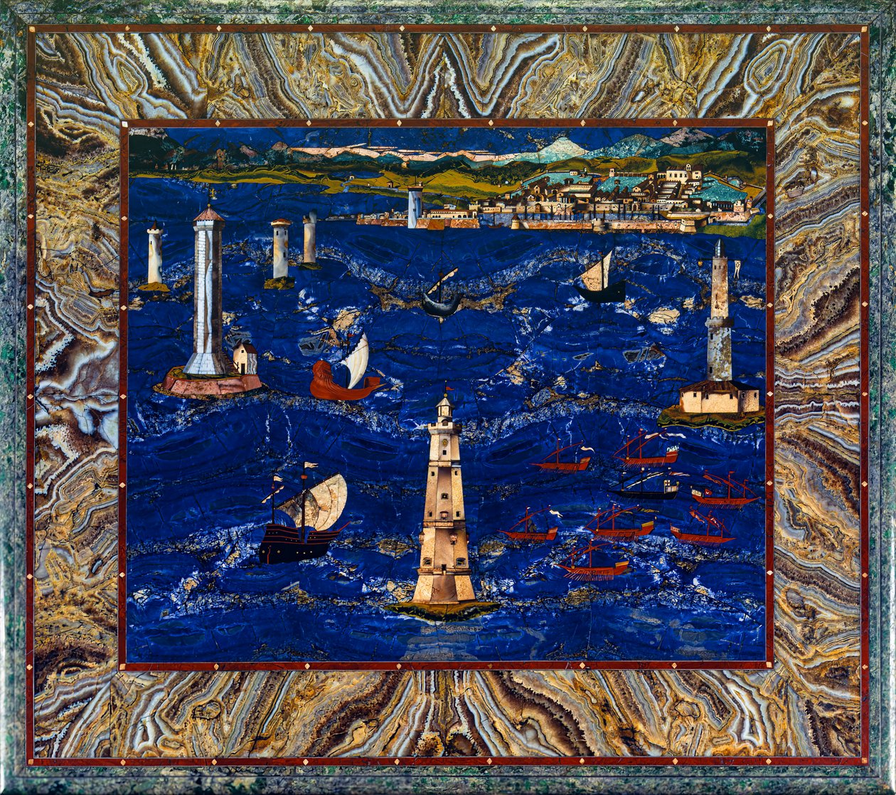 Stół z przedstawieniem portu Livorno, ok. 1601-04 (kamienie szlachetne, drewno, emalia) autorstwa Cristofano & Ligozzi Jacopo (1547 1626) Gaffurri