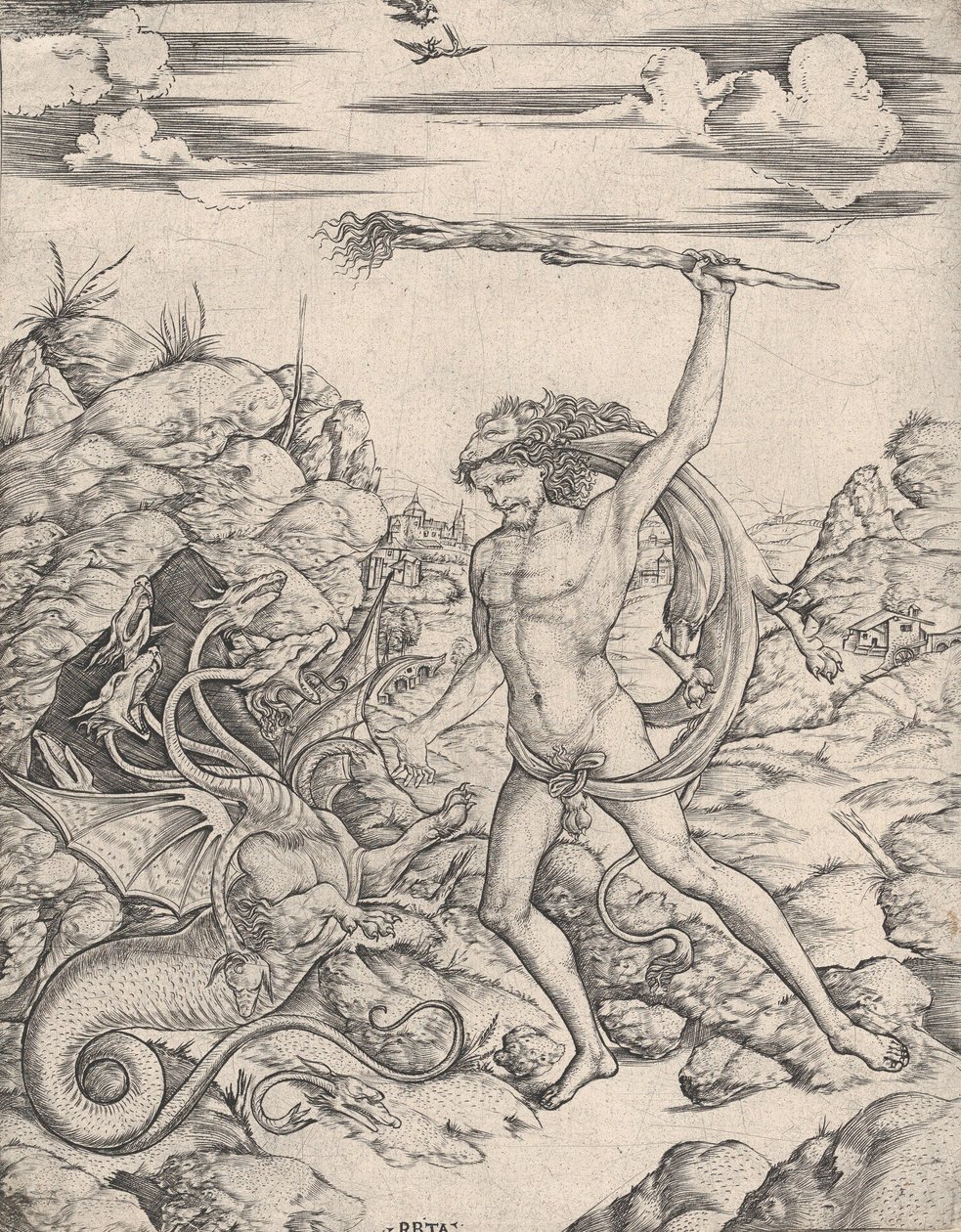 Herkules i Hydra, dzierżąc pochodnię, atakuje skrzydlatego, wielogłowego Hydr..., ca. 1500-1520. autorstwa Cristofano di Michele Martini