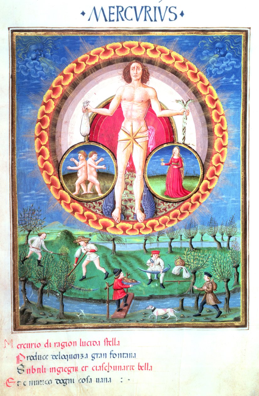 Ms Lat. 209 Planeta Merkury ze znakami zodiaku Gemini i Virgo, z "De Sphaera" ok. 1470 r. autorstwa Cristoforo De Predis