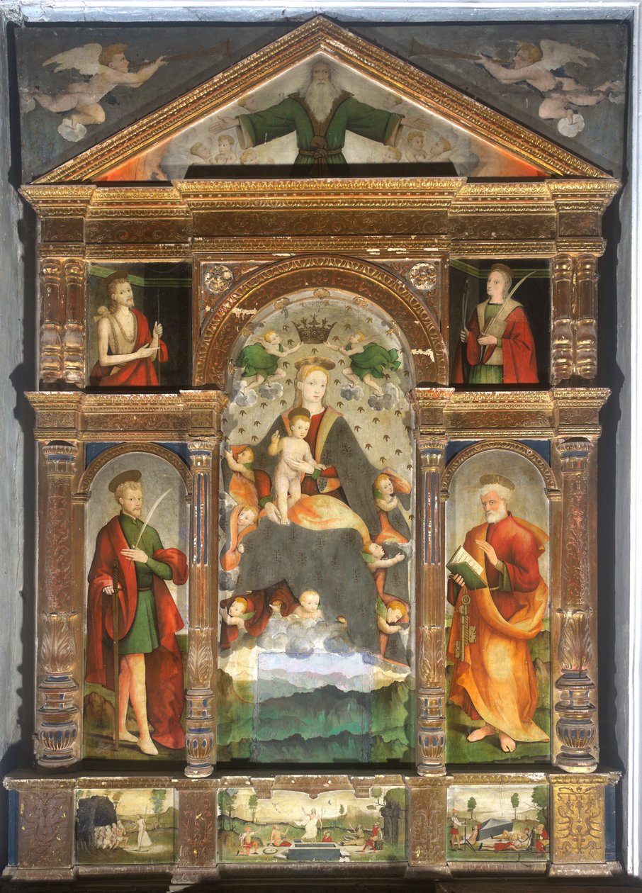 Ukoronowana Madonna z Dzieciątkiem i aniołami, Święty Paweł, Święty Piotr autorstwa Cristoforo (fl.1525 1578) & Pancalino Raffaele (fl.1514 1573) Pancalino