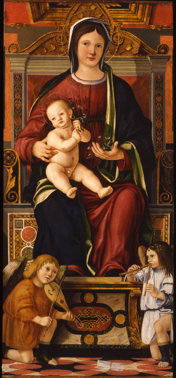 Dziewica z Dzieciątkiem na tronie z dwoma aniołami-muzykami, 1508-1510 autorstwa Cristoforo Caselli