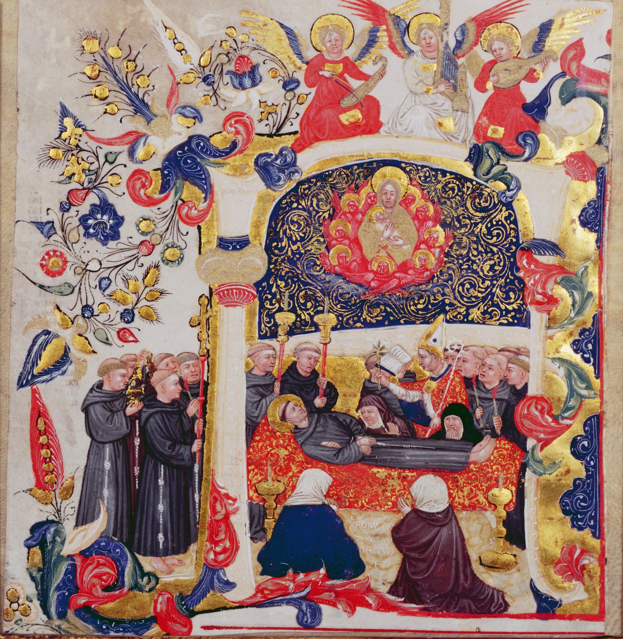 Zamieszkany inicjał "A" przedstawiający pogrzeb św. Franciszka, ok. 1410 r. autorstwa Cristoforo Cortese