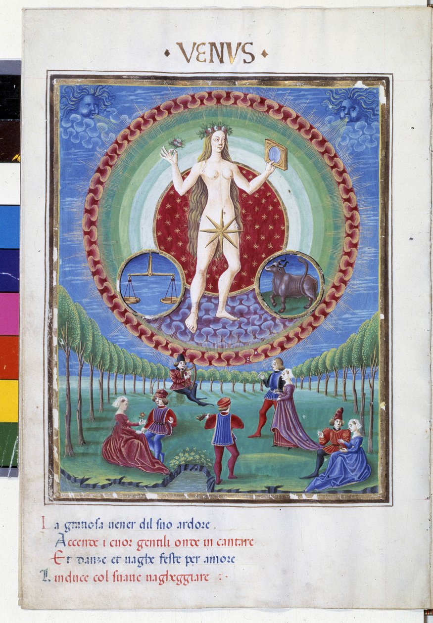 Pochodzi ze znakami zodiaku równowagi i byka. Na dole szarmanckie sceny. Miniatura wykonana przez Cristoforo de Predis (v. 1440-v. 1486) - w „” De Sphaera””” d