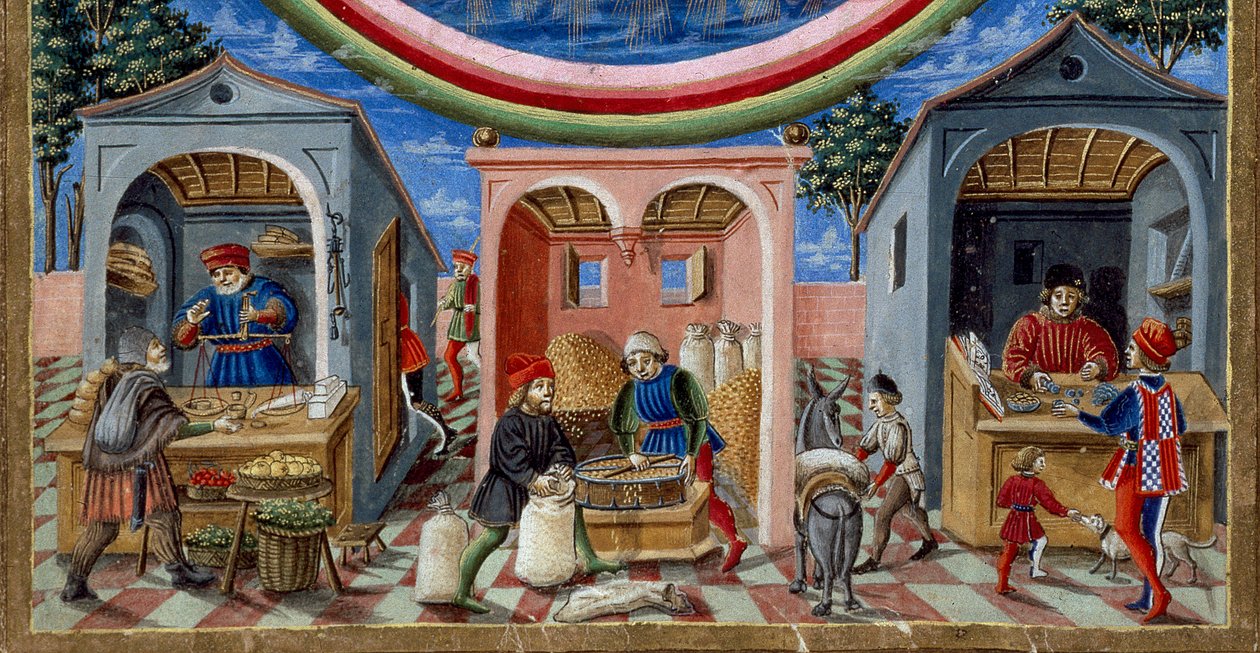 Fragment kupców sprzedających różne przedmioty: po lewej handlarz owocami i warzywami, pośrodku młynarz formujący zboże (Miniatura, ok. 1470) autorstwa Cristoforo De Predis