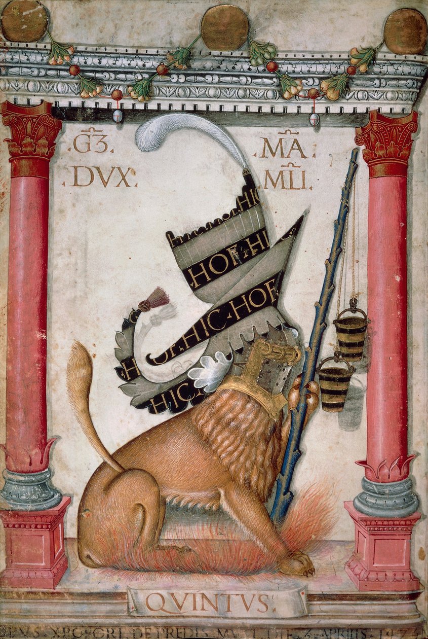 Symbol heraldyczny przedstawiający herb z lwem, iskry i wiadra Galeazza Marii Sforzy, Iluminowana strona Cristoforo de Predis z Kodeksu Nowego Testamentu, varia 124, Włochy 1475. autorstwa Cristoforo De Predis