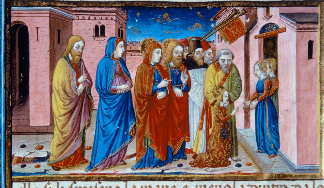 Iluminacja przedstawiająca Maryję otrzymaną przez dziewice Świątyni, w Codex De Predis (c.15v) autorstwa Cristoforo De Predis