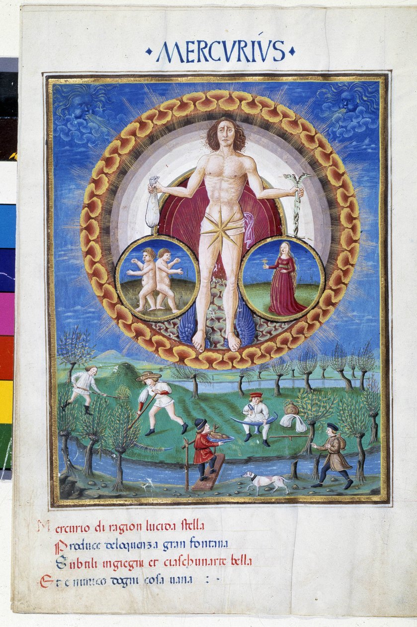 Merkury ze znakami zodiaku Dziewicy i Klejnotów. Na dole chłopi pracujący w polu. Miniatura wykonana przez Cristoforo de Predis (v. 1440-v. 1486) - w „” De Sphaera””” d